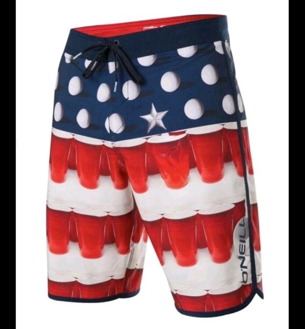 O’Neill Beer Pong Swim Trunks Board Shorts American Flag Solo Cup Red Blue Sz 32